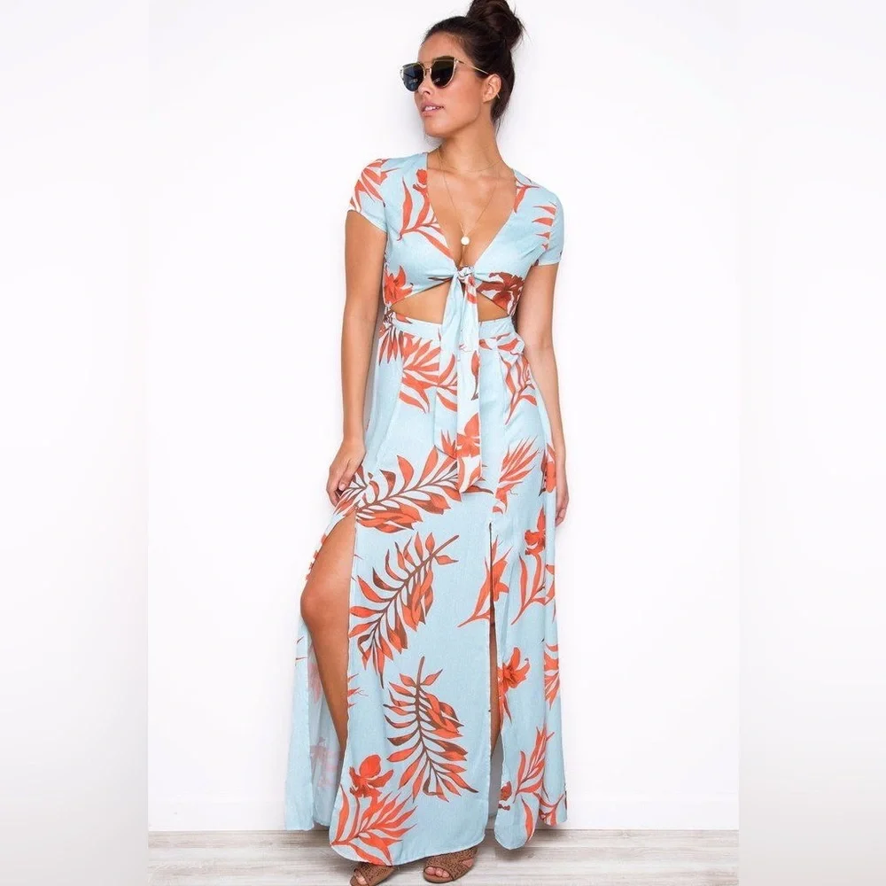 Latiste Mint Blue/Tropical Leaf Orange Island Hop Cut Out Maxi Dress. NWT Size S - Picture 9 of 13